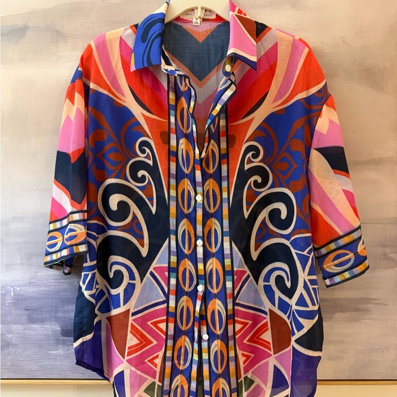 None Tops - Colorful Geometric Patterned Button Up Resort Tunic